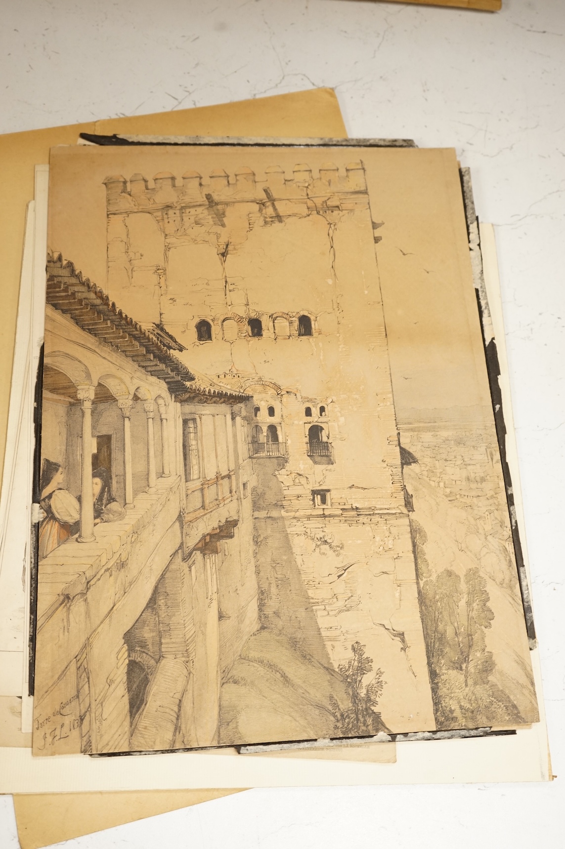 A collection of unframed watercolours and prints, to include: Chinese pith paper paintings, 19th century German fashion plates and studies of gentlemen in military dress, two gouaches